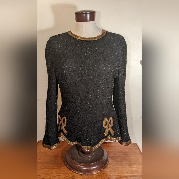 Vintage Night Vogue silk and beaded long sleeve top - Picture 1 of 9
